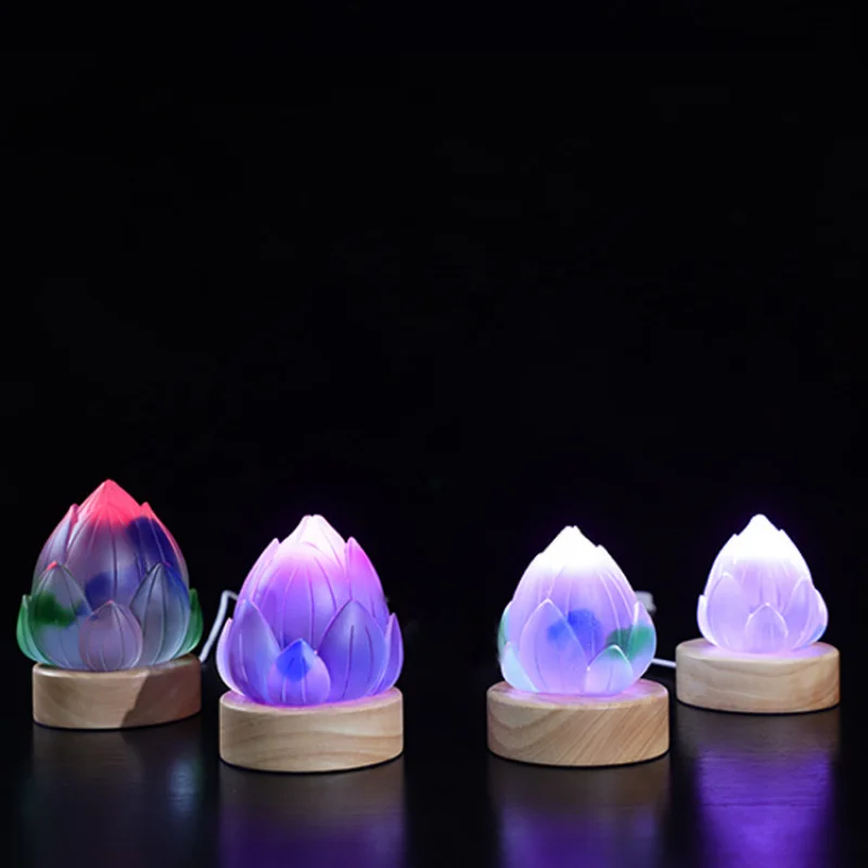 Colorful Lotus Plug-in LED Crystal Eternal Light Buddha Offering Lamp Glass Ten Th