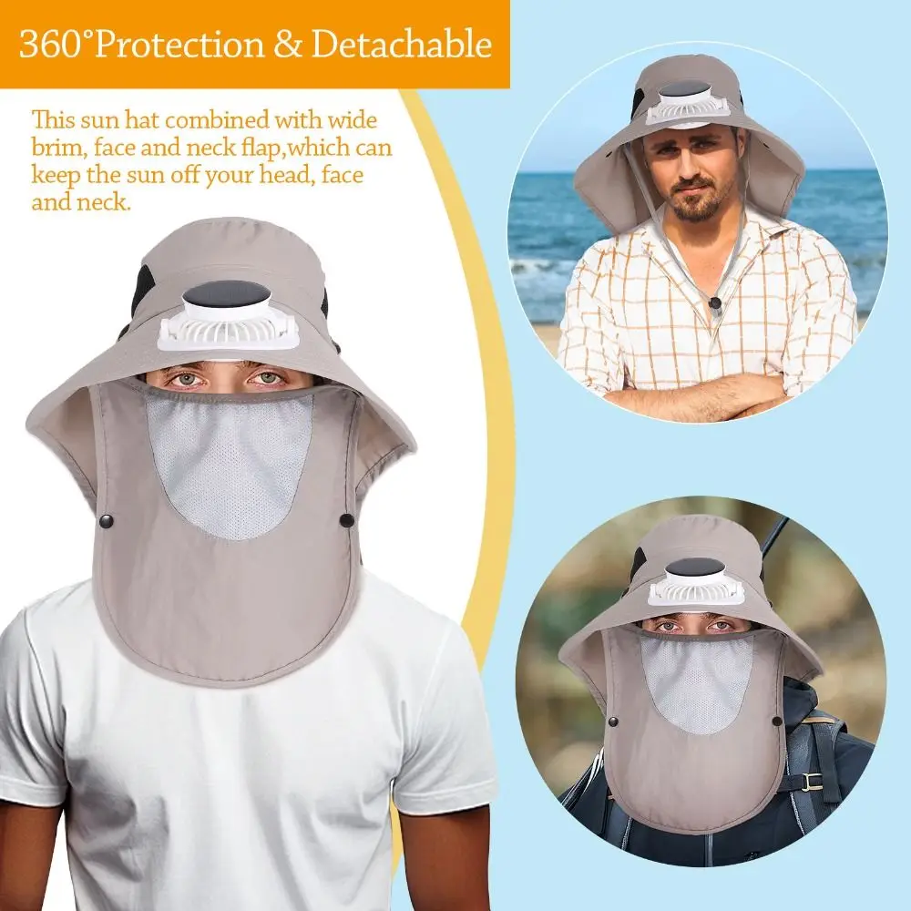 

Новая широкополая солнцезащитная шляпа с вентилятором и защитой шеи UPF50+ для мужчин, съемная, для рыбалки и пляжа
