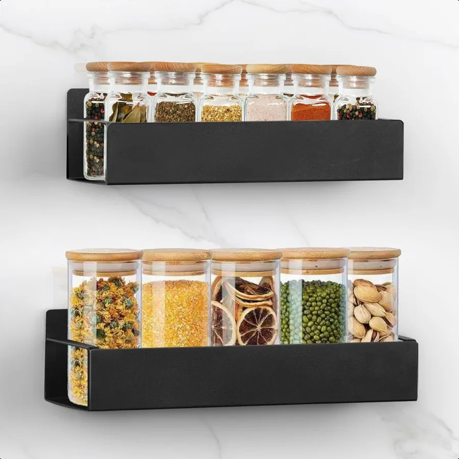 

Kitchen Spice Rack: 2 Packs Black Adhesive Wall Mount 11.8" Large Hanging Storage Organizer Cabinet Without Drilling for Smooth