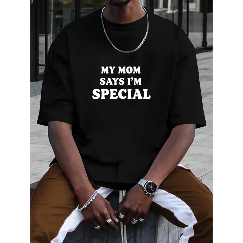 

Мужская футболка черная My Mom Says I'm Special с принтом и текстом, хлопок высокого качества, 180 г