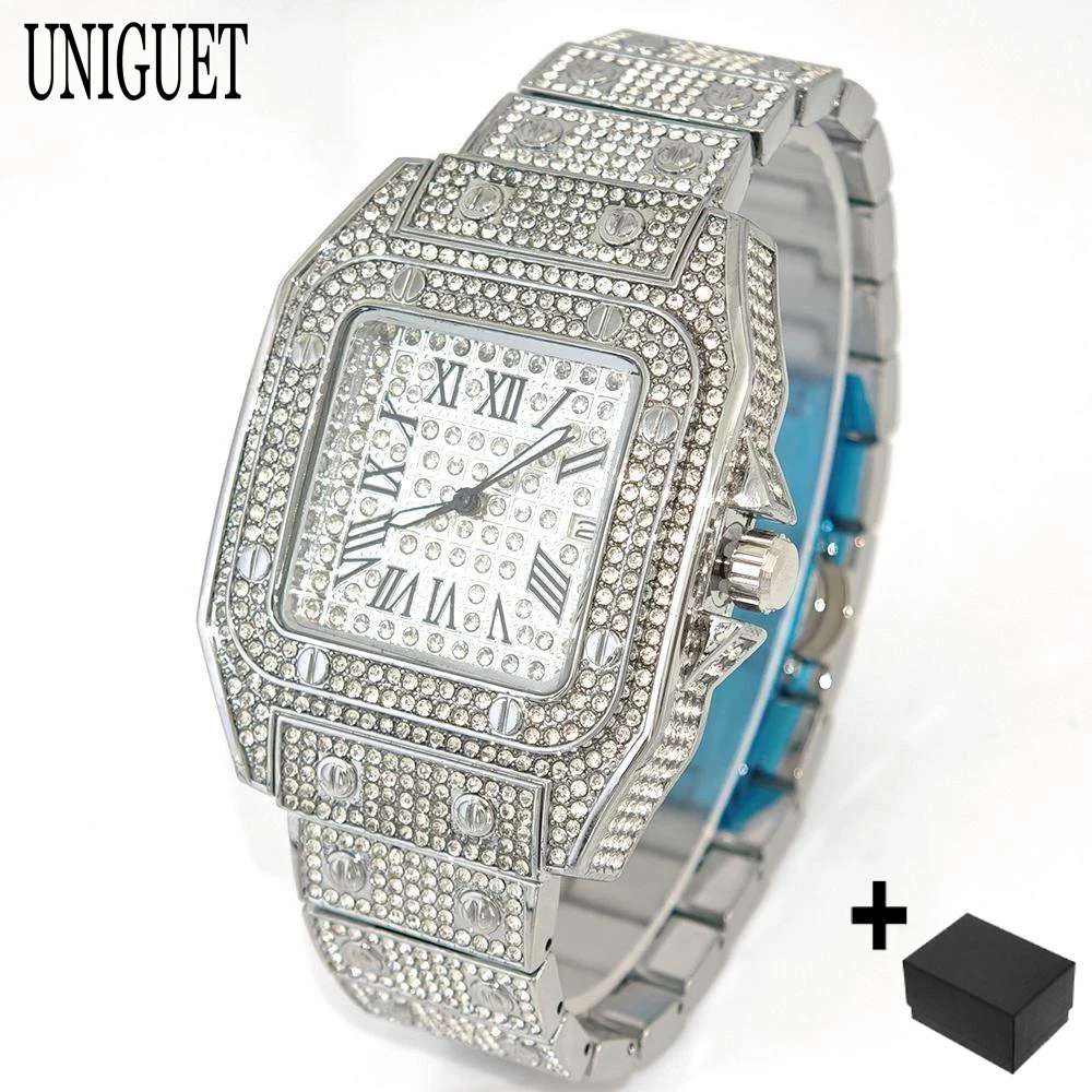 

Luxury Ice Watch For Men Brand UNIGUET Hip Hop Full Diamond Watch Male Fashion Roman Literal AAA Quartz Wristwatch Dropshipping