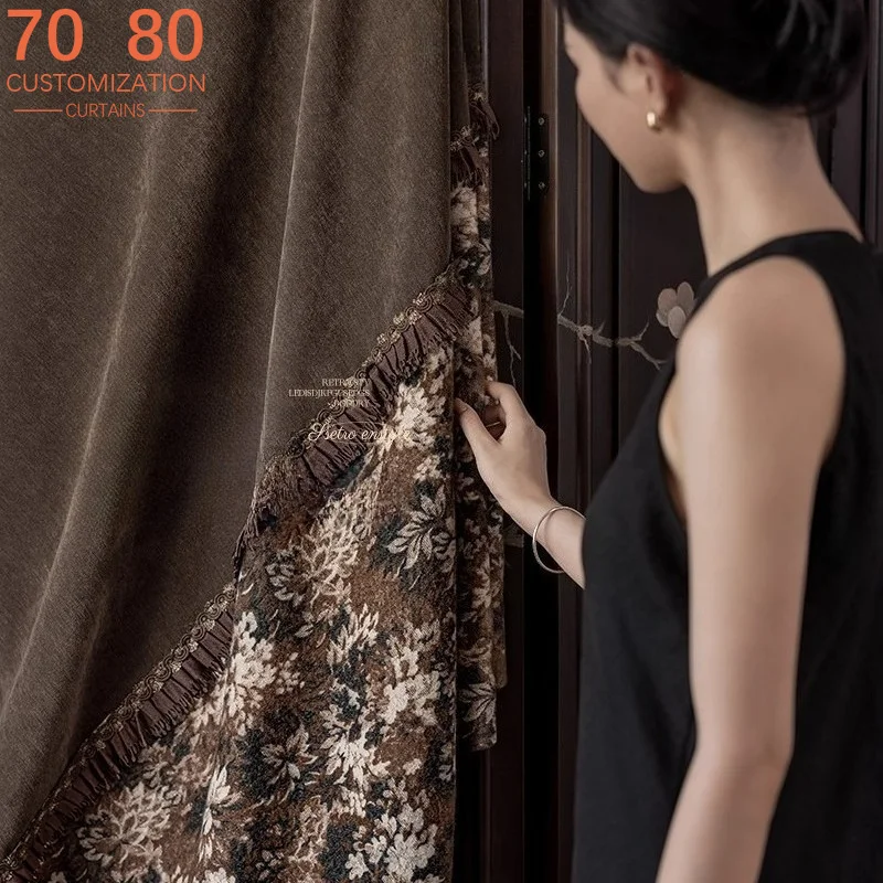 Maillard Retro Milk Coffee Color Lace Splicing Chenier Curtains for Living Room Bedroom Partition Curtains Customized Finished