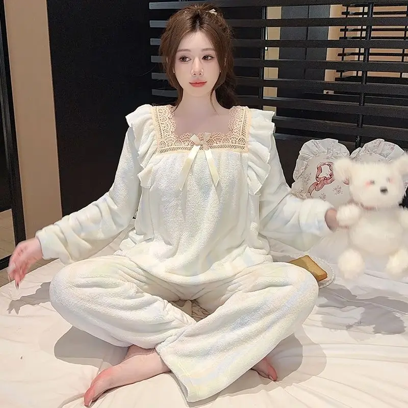 

Зимние милые кружевные пижамные комплекты принцессы больших размеров с длинными рукавами, плотные теплые фланелевые пижамные комплекты для женщин, милая одежда для сна, Pijama Mujer, одежда