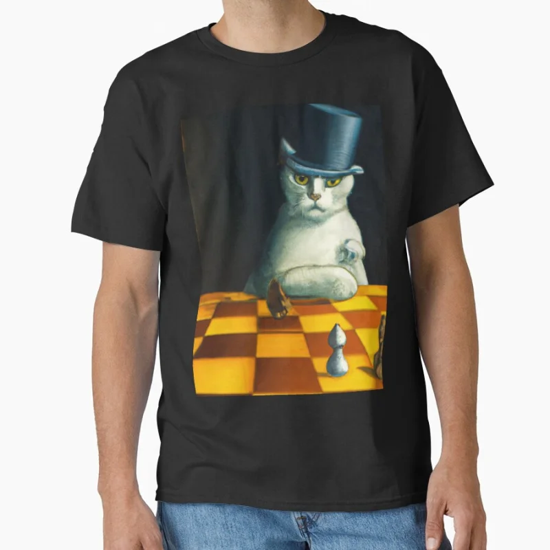 

Cat in the Hat Plays Chess Surreal Art game queen king chessboard board game Funny T-shirt for men Large size Tops S-6xl