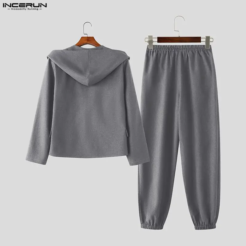INCERUN Men Sets Solid Color Long Sleeve Hooded Blazer & Pants Two Pieces Sets Elegant Streetwear Fashion Men Casual Suits S-5XL