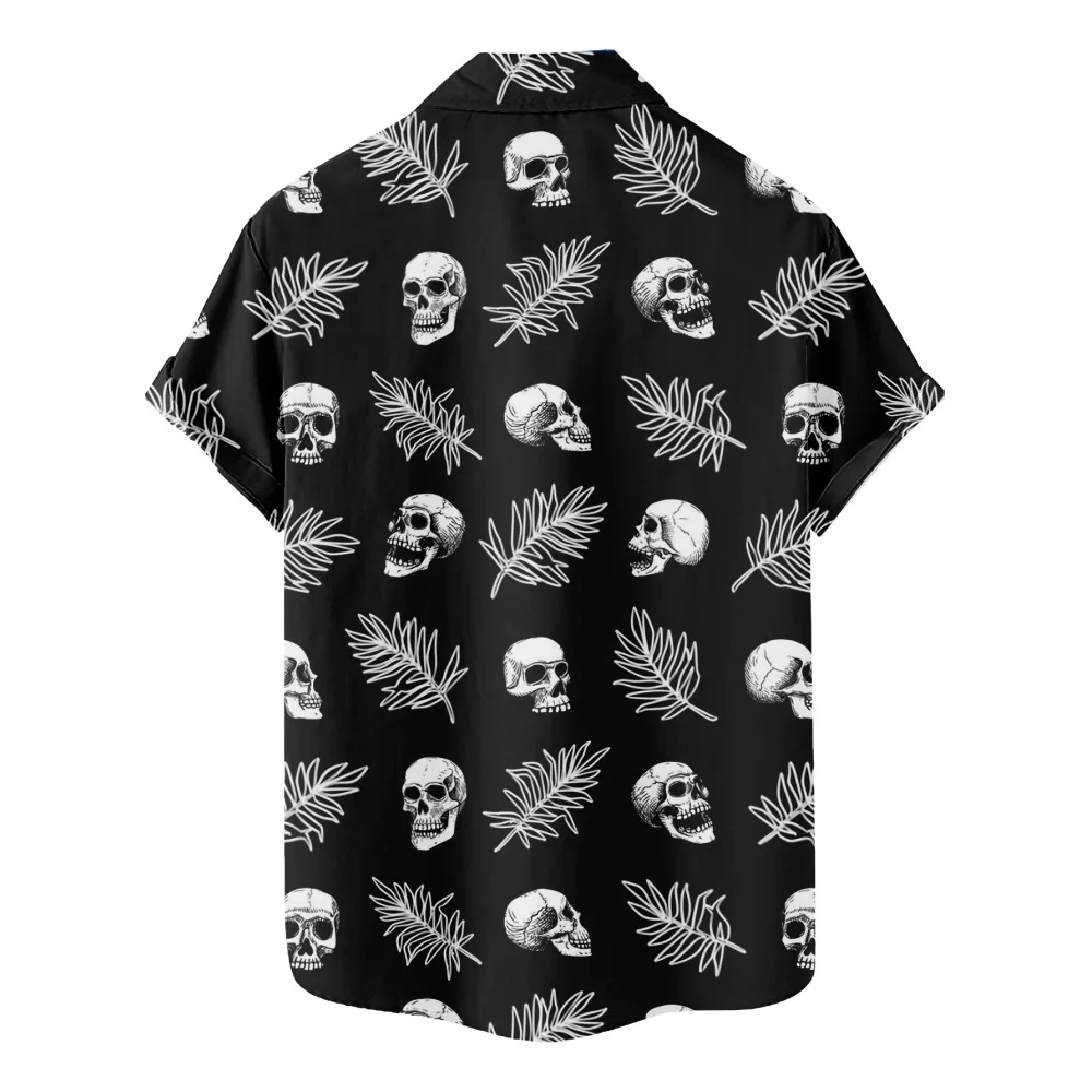 Personality Skull Graphic Shirt Men's Street Hip Hop Rock Y2k Clothes Summer Fashion Classic Lapel Buttons Short Sleeve Tops
