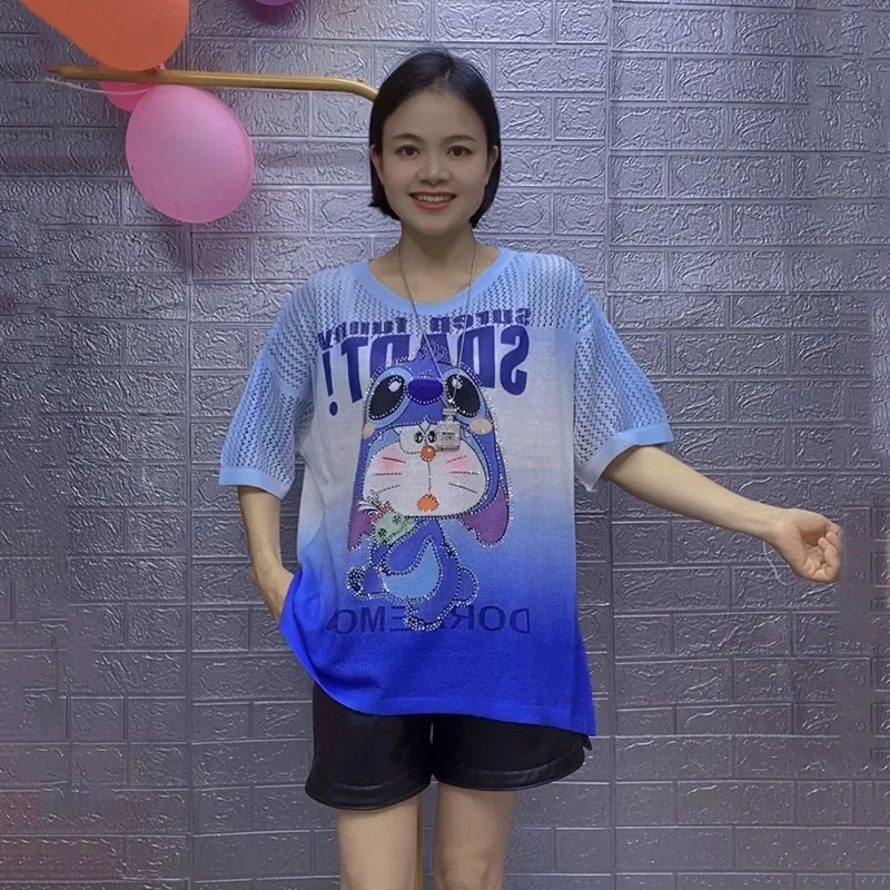 2024 2 Piece Sets Womens Outfits Cartoon Pattern Diamonds Tracksuit Hollow Out Short Sete Casual Knitting Костюм Женский Летний