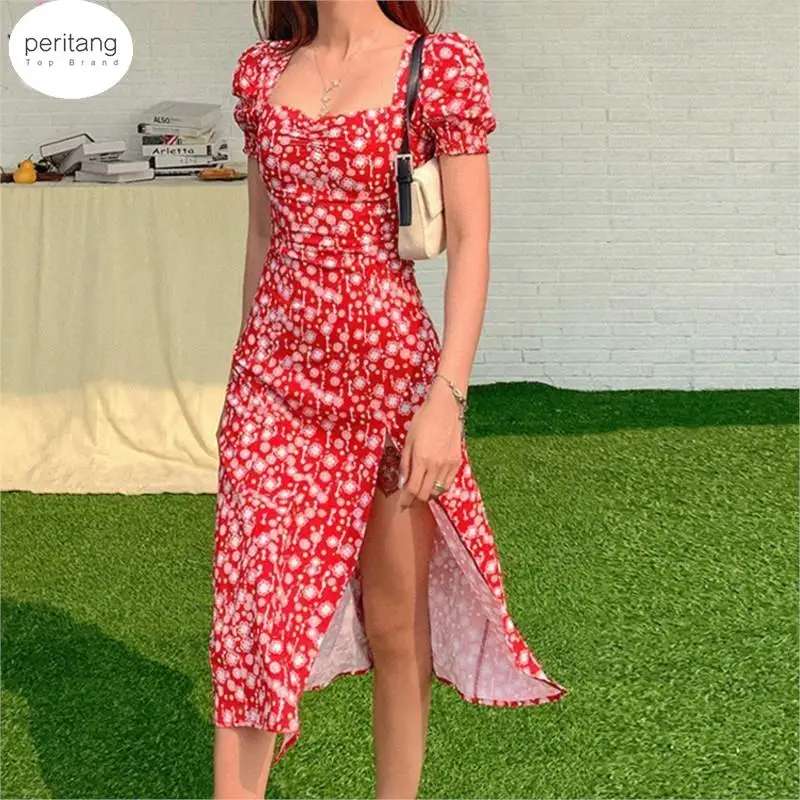 

Women Summer Vintage Party Dress Lady France Style Puff Sleeve Floral Print Square Collar Side Split Midi Dress Vestido Female