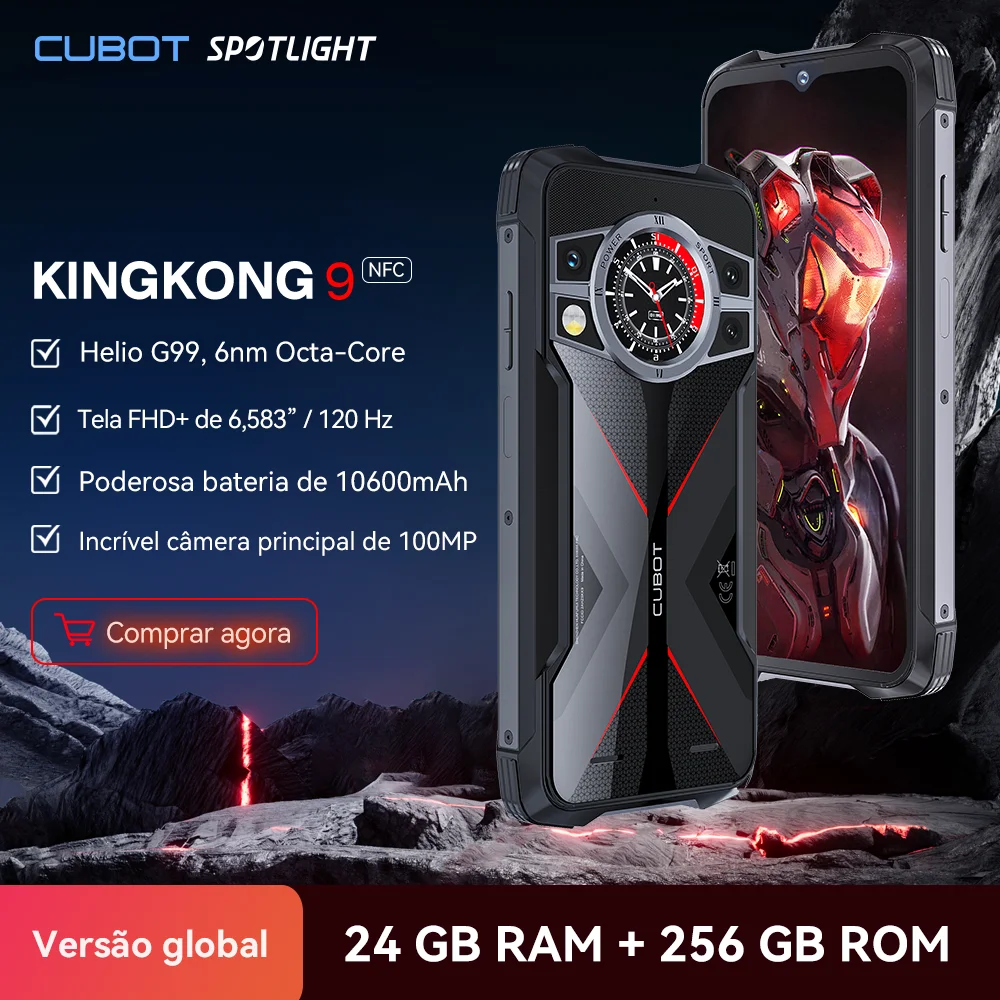 [Envio do Brasil] Cubot KingKong 9, Helio G99, tela FHD+ de 120Hz e 6,583", 24GB de RAM (12GB + 12GB estendidos), 256GB de ROM, rugged smartphone,câmera de 100MP, bateria de 10600mAh, NFC celular, 4G celulares