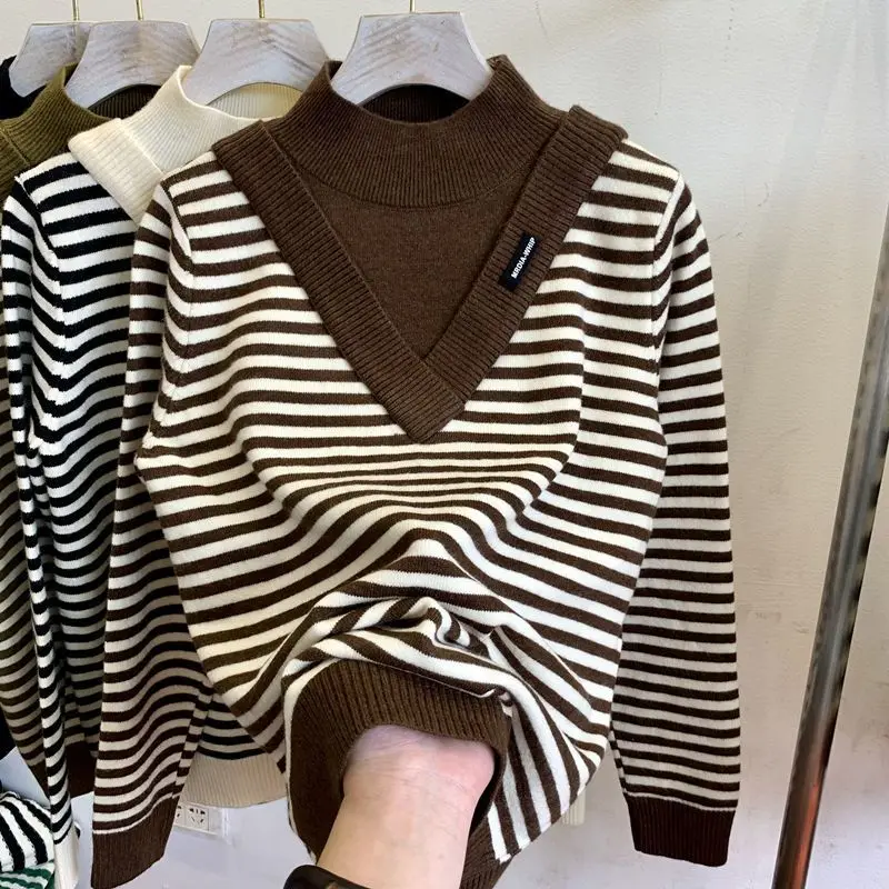 

Autumn Winter Splicing Fake Two-piece High Neck Striped Sweater Women Pullover Inner Skinny Knit Soft Bottom Shirt Top Sweaters