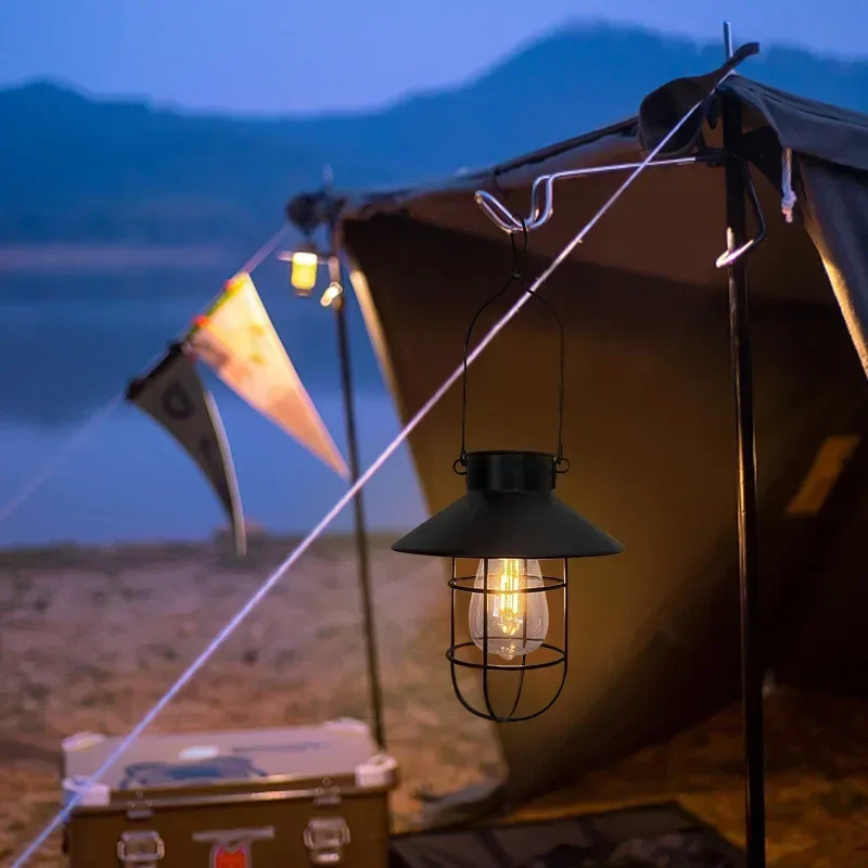 Solar Lantern Lamp Outdoor Hanging Tent Lamp Waterproof Vintage Metal Solar Lights with Tungsten Bulb for Patio Garden Decor image 4