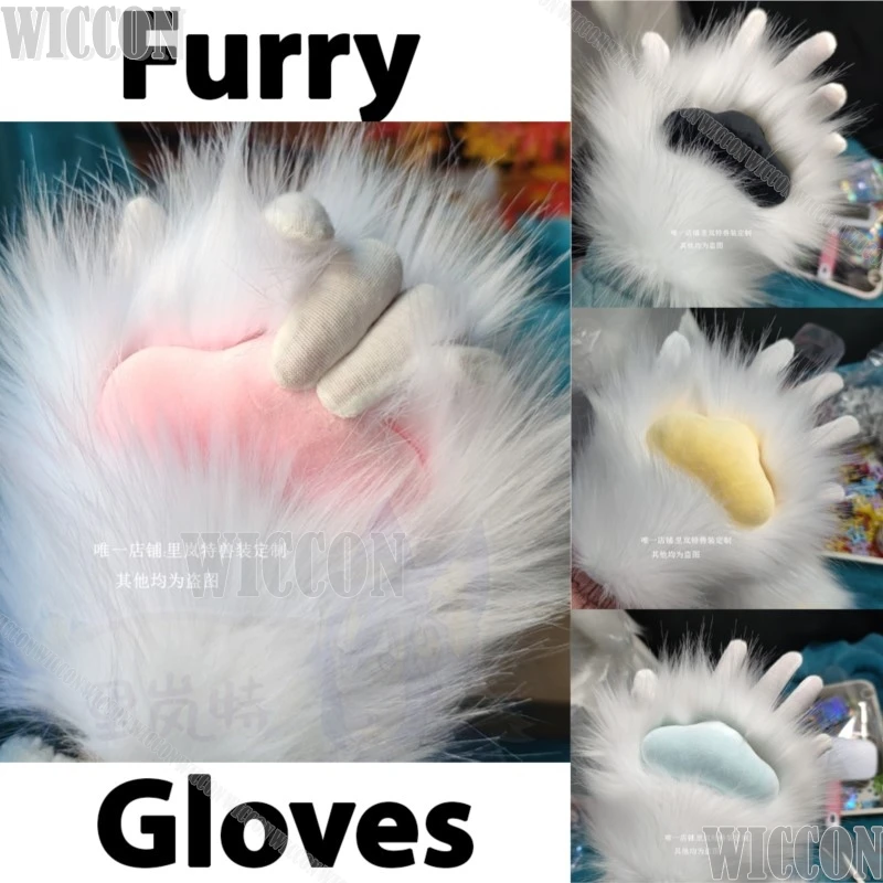 Kürklü Pençeleri Kig Eldiven Fursuit Kigurumi Cosplay Kürklü Kabarık Siyah Beyaz Renkli Sevimli Pençeleri Cadılar Bayramı Kadın Erkek Özelleştirilmiş