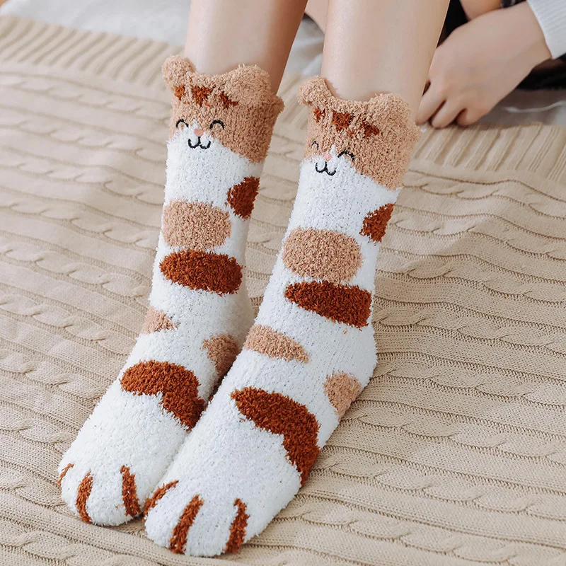 

Cute Cartoon Kitten Shape Winter Indoor Floor Socks Thick Fleece Warm Elastic Kawaii Cat Claw Socks Wholesale