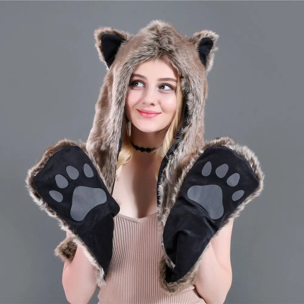 Comfortable 3 in1 Scarf Gloves Hat Set Warm Earflap Animal Hat Thickened Neck Warmer Winter Cap Winter/Autumn