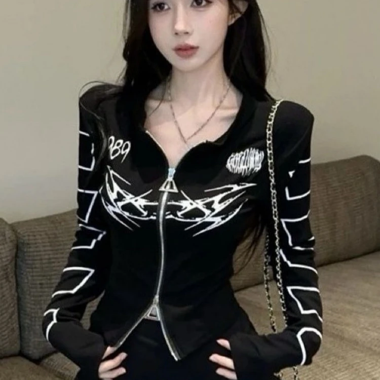 

Осенние модные облегающие куртки с принтом, женская одежда, туника с двойной молнией, топы Y2k, 2025 Ropa Mujer, модное повседневное укороченное пальто