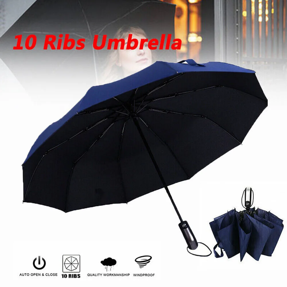 10 Ribs Portable Strong Frame Umbrella Strong Windproof Automatic Open Close Folding Umbrella Compact Travel for Men Women