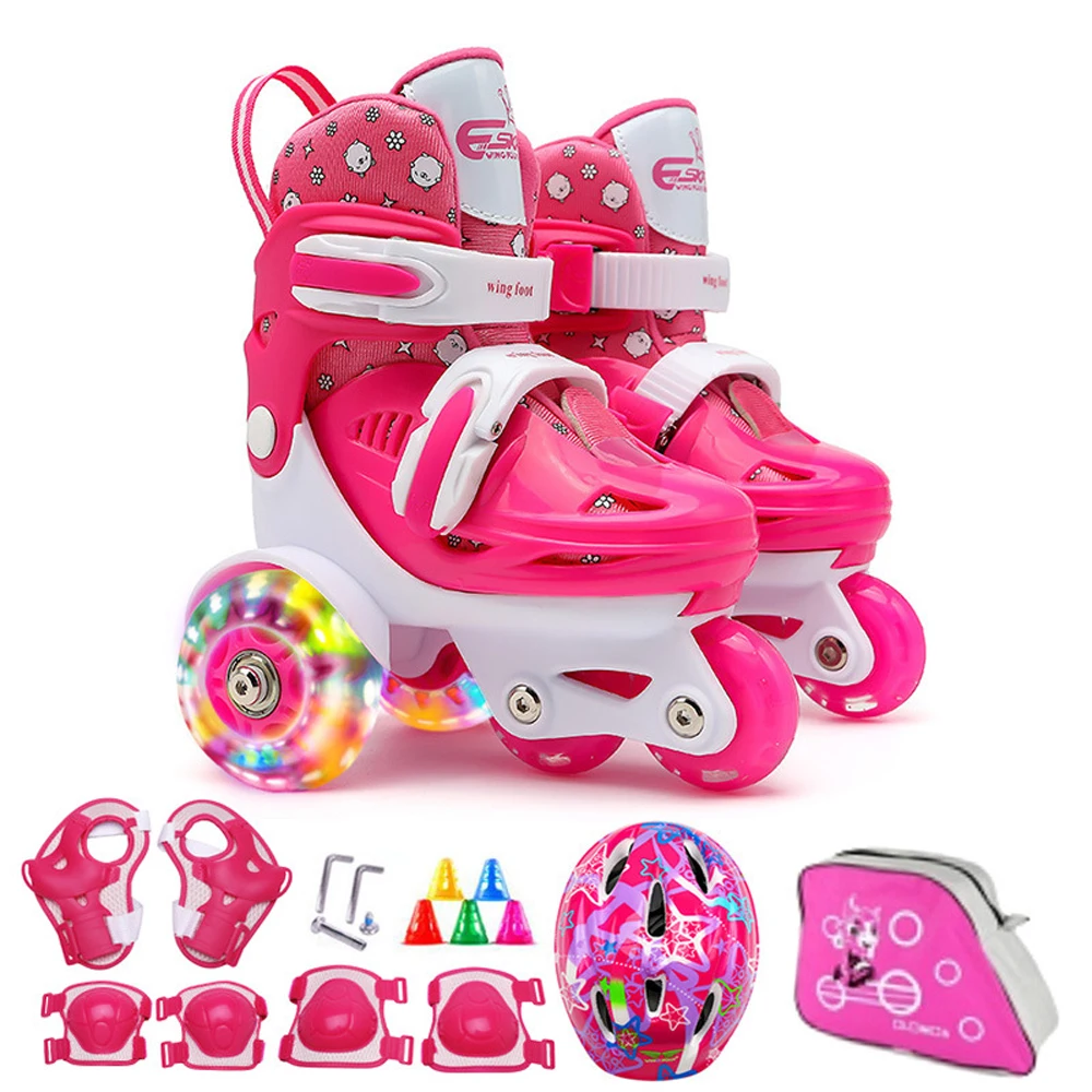 Flash Skating Shoes Kids Beginner Roller Skating Shoes Set Children Skates with Kneepad Elbow Pads Helmet Roadblock Backpack