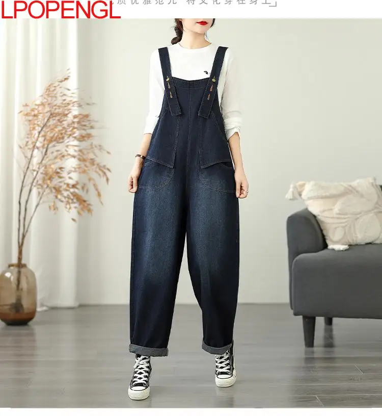 Outono novo retro angustiado cowboy cinta macacão feminino solto casual de uma peça calças de perna larga retalhos bolso streetwear jeans