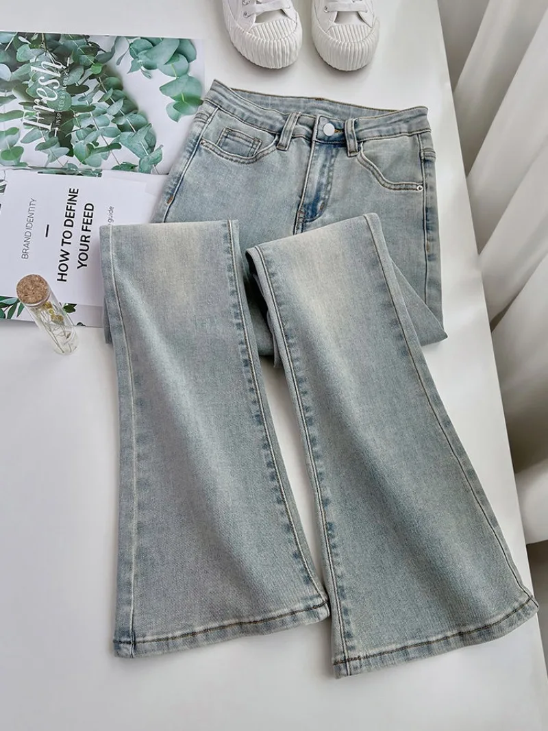 

Temperament Fashion Micro Flared Denim Floor Mop Pants Women Thin High Waisted Slim Pear Shaped Covered Meat Sweet Female Wear