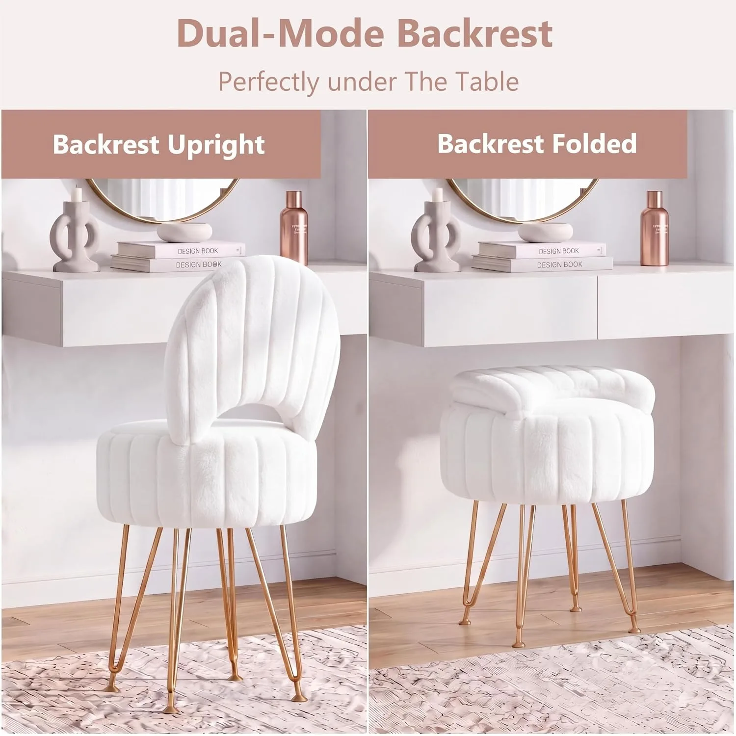 White Faux Fur Vanity Stool Chair with 7.9 Liter Hidden Storage Folding Backrest Thick Padded Seat Gold Metal Legs Adjustable Feet 284 LB Capacity Compact Makeup Ottoman Bench for Bedroom Living Room  image 5