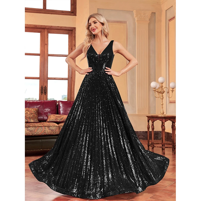 Summer Women Sleeveless V Neck Backless Elegant vestido de festa Ladies Sequined Party Evening Prom Cocktail Long Maxi dress