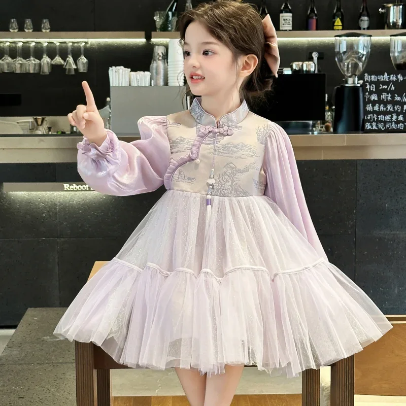 New stylish Chinese-style long-sleeved purple princess dress with button closures for girls, high quality