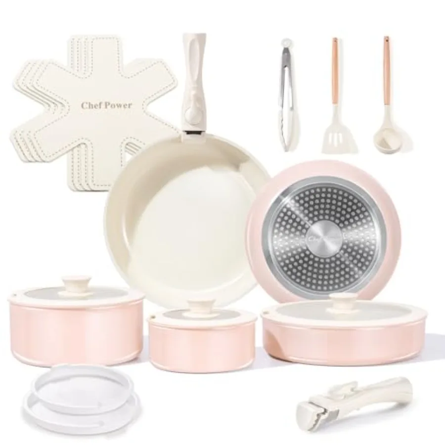 

Light Pink Ceramic Nonstick 19-Piece Induction Oven Safe Cookware Set with Detachable Handle for RV Kitchen Dishwasher Safe