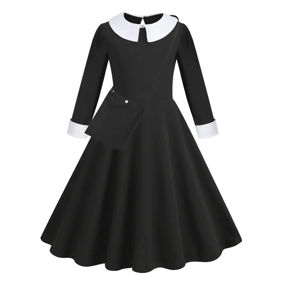 Wednesday Addams Dress For Girl Kids Halloween Long Sleeve Princess Costume Spring Autumn Children Black Gothic Casual Outfits