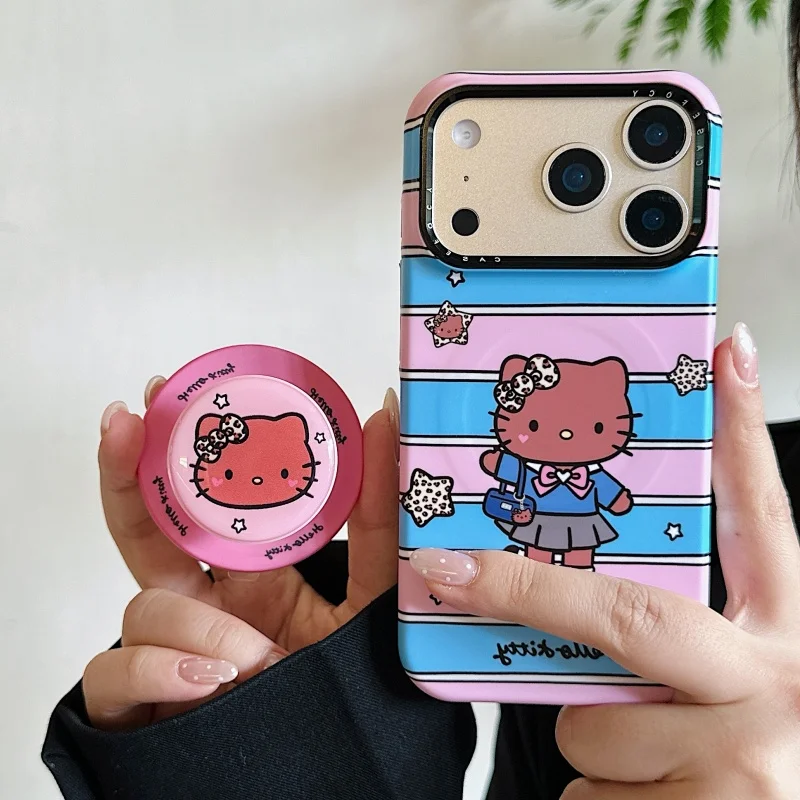 

Cute Pink Blue stripe cartoon Hello Kitty Magsafe Wireless Charge Case For iPhone 13 14 15 16 17Pro Max Kitty Magnetic Stand﻿﻿﻿﻿