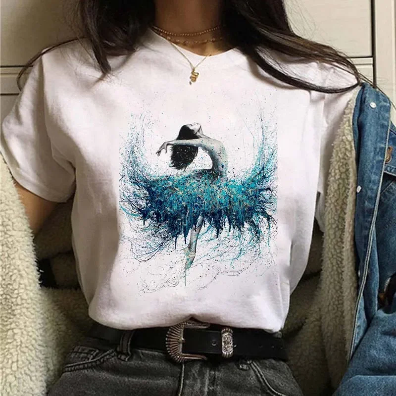 Maycaur New Watercolor Ballet Dancer Print Women Tshirt Casual Dancing Ballet O-Neck Summer Harajuku Vintage Tops Camisas Mujer