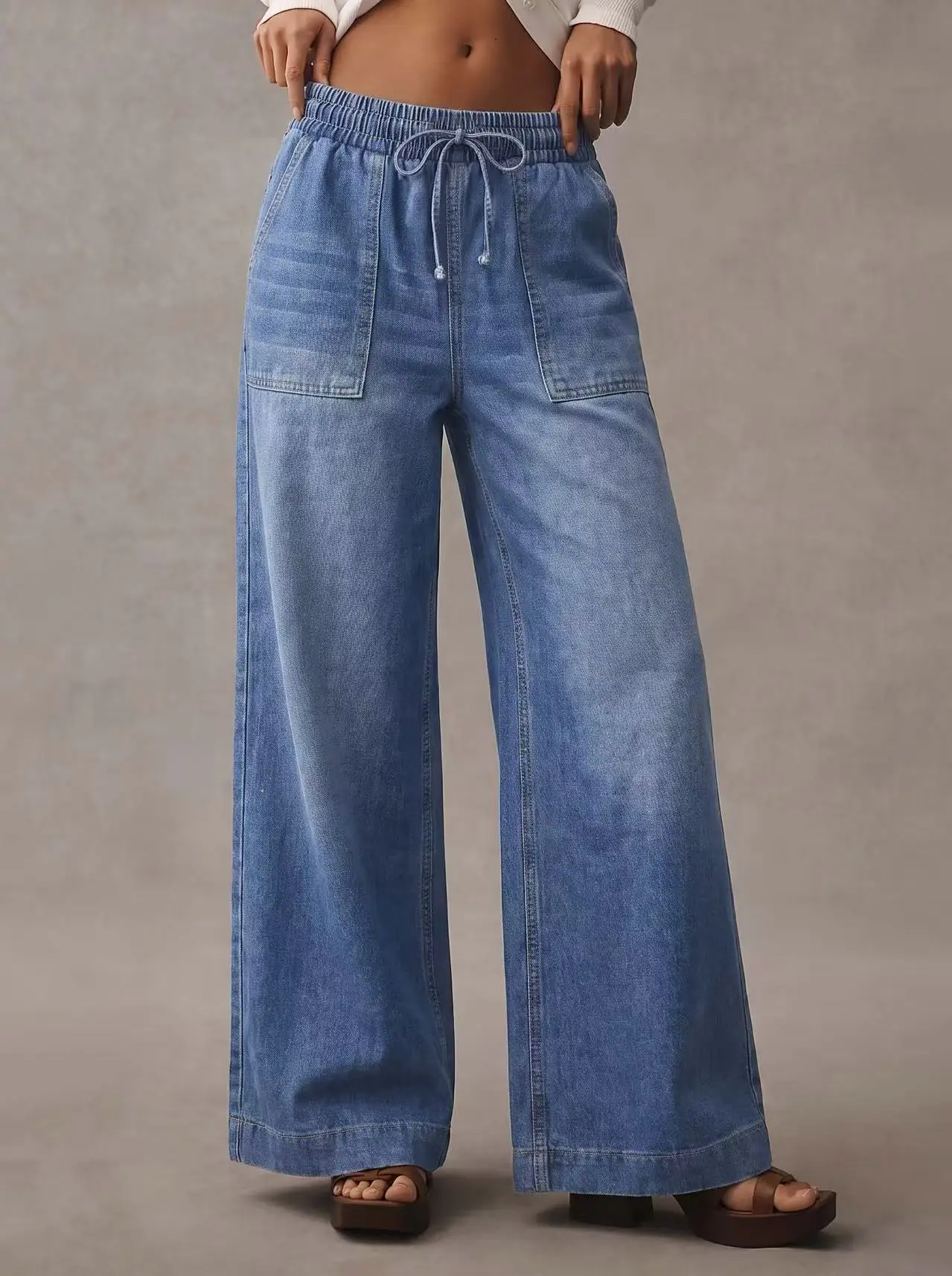 Women's stretchy elastic waist drawstring wide-leg jeans, high-waisted loose jeans with pockets