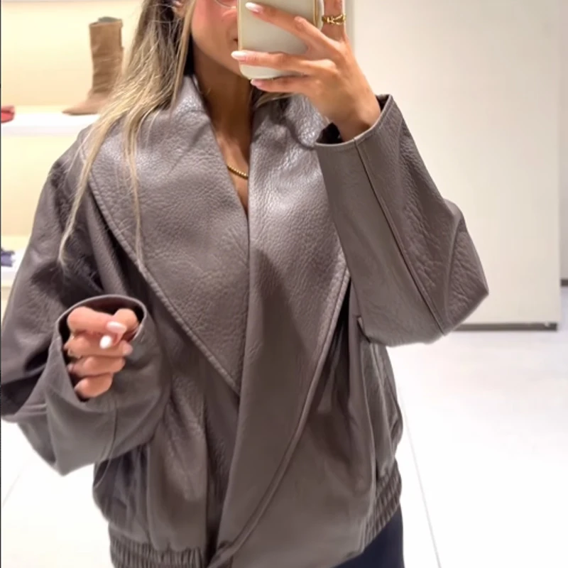 Guobioziy Fashion Women Retro Faux Leather Jacket Big Shawl Lapel Collar Raglan Sleeve Elastic Hem Casual Short Outerwear