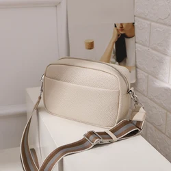 New Solid Color Multi-layer Women Sling Crossbody Bag Vinatge PU Leather Wide Strap Shoulder Bag