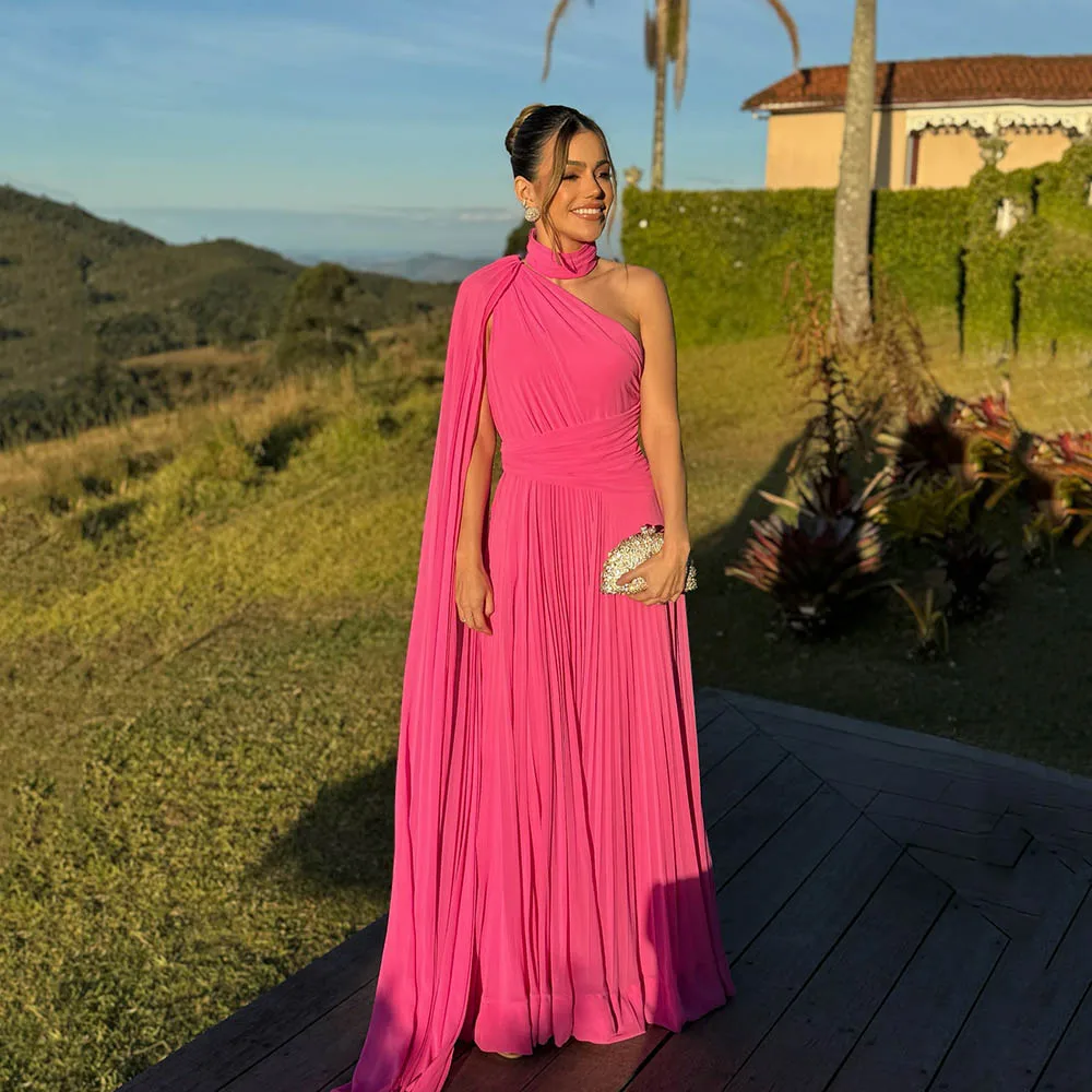 Galarity Hot Pink One Shoulder Pleated Evening Dresses Cape Luxury Chiffon Prom Dress Women's Formal Evening Gowns Customizd