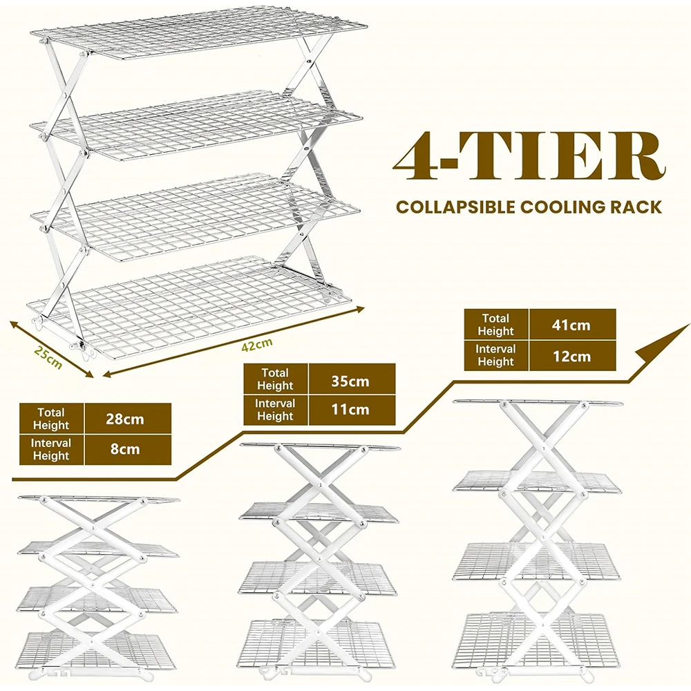LMETJMA Cooling Rack 4 Tier Collapsible Cooling Rack Adjustable Stainless Steel Baking Rack Stackable Baking Cooking Racks