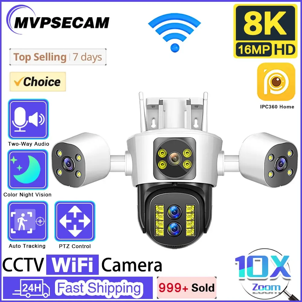 

8K 16MP WiFi Camera Outdoor Four Lens Three Screen 10X PTZ Zoom CCTV Security-Protection Ai Tracking Surveillance IPC360 Home