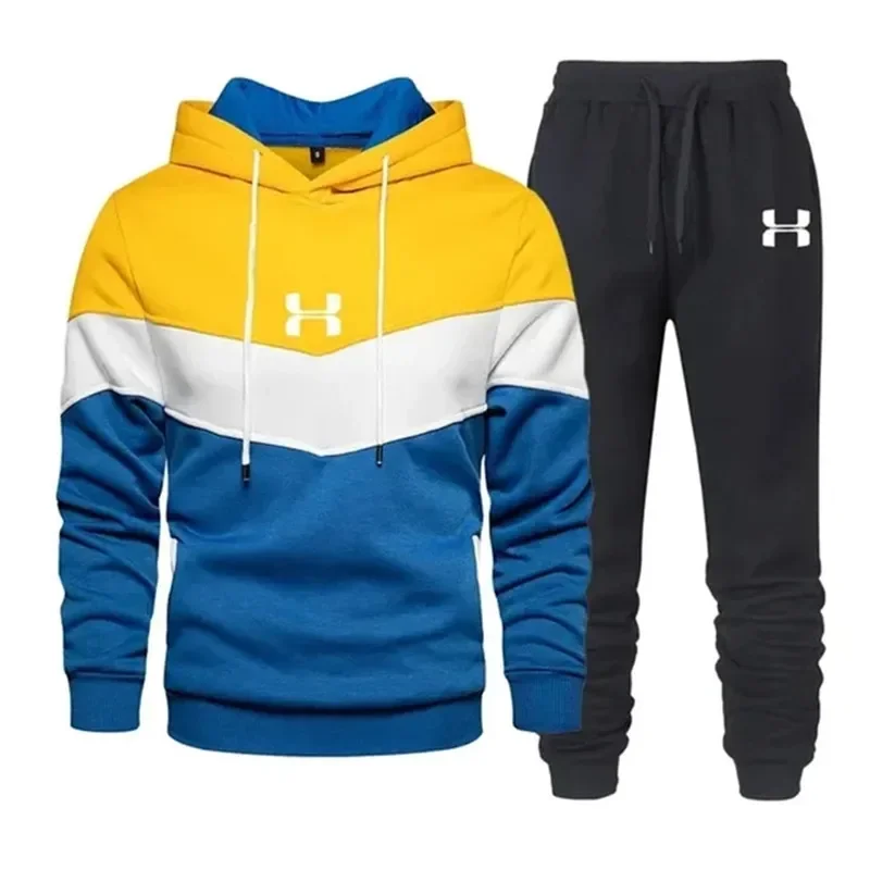 Autumn and winter new men\'s three-color splicing hoodie jumper + trousers 2-piece outdoor fitness jogging leisure sportwear set