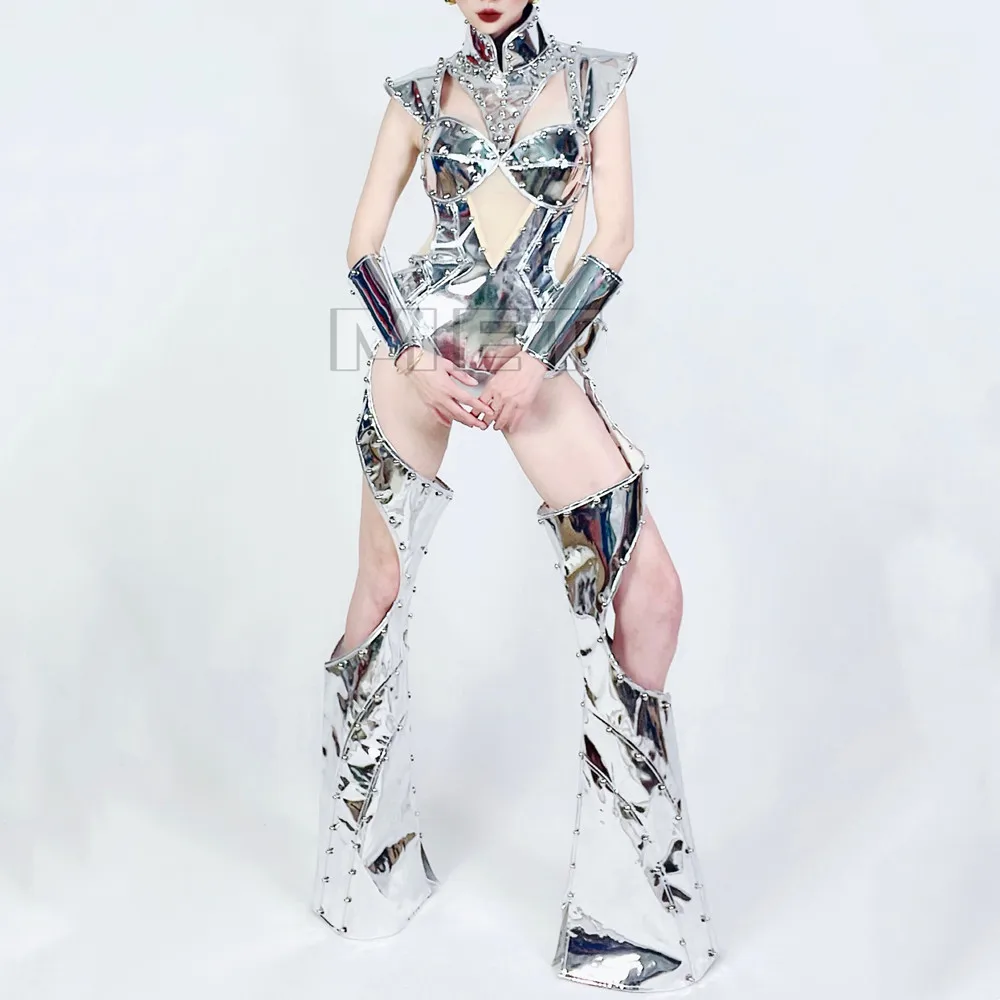 Women Drag Queen Costume Gogo Singer Dancer Performance Clothes Club Party Sexy Stage Wear Silver Rivet Laser Leather Bodysuit