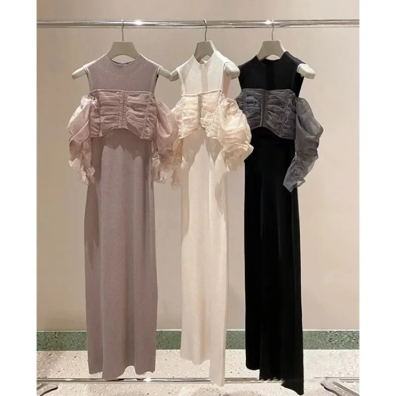 

New Tulle Blouse Slim Sleeveless Knit Dress O-neck Dew Shoulder Vestidos 2024 Spring Summer Japan Style Elegant Female Robe