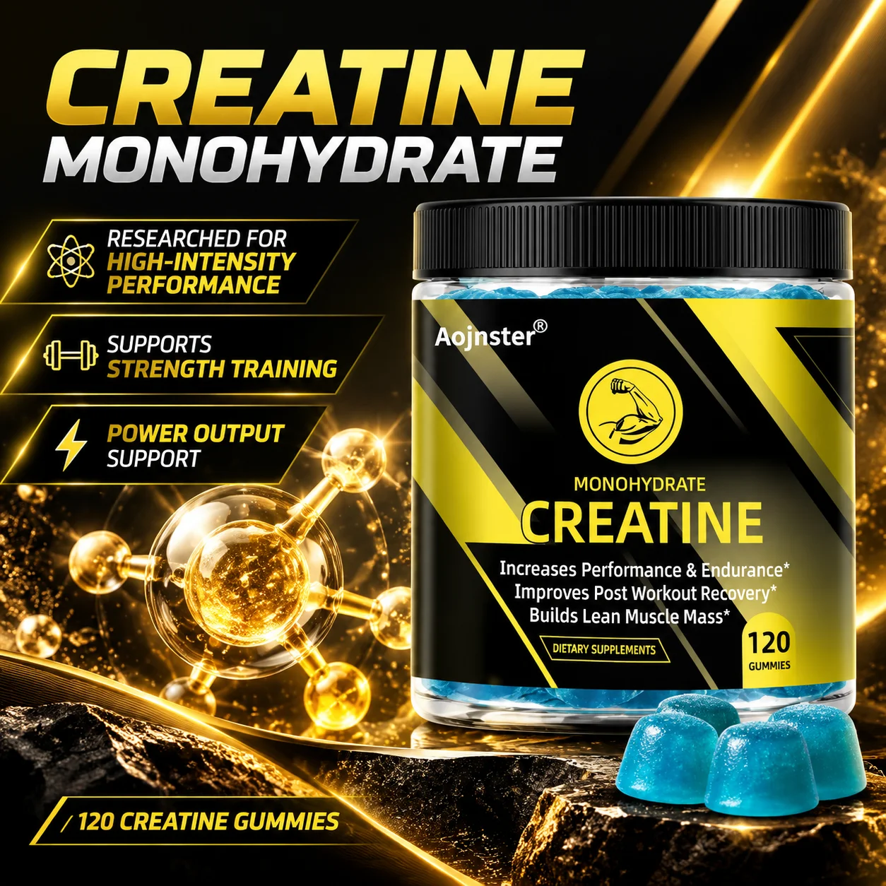 Aojnster Creatine Monohydrate Gummies, 120 Count, Strength & Power Support for Weight Training, Easy No-Mix Format