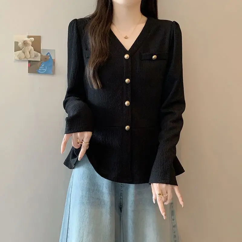 

Women's V-Neck Elegant Shirt Spring and Autumn New Fashion Commute Slimming High End Waist Cincined Single-breasted Top