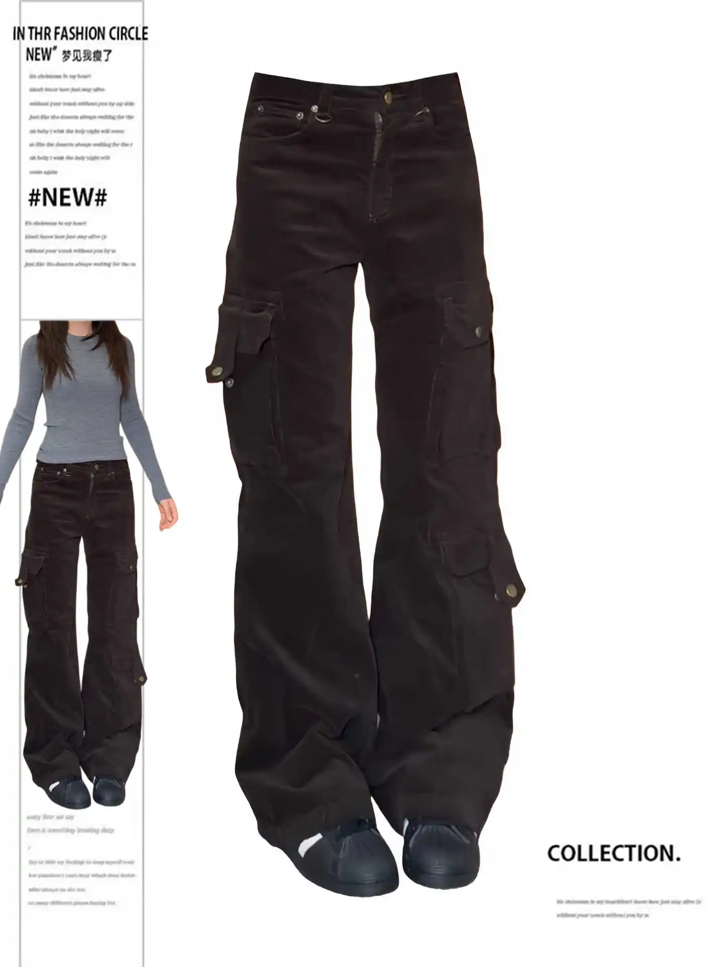 Winter Women American Retro Flare Pants Long Trousers Cleanfit Corduroy Cargo Pants Low Rise Trumpet Pants Korean Bell Bottom