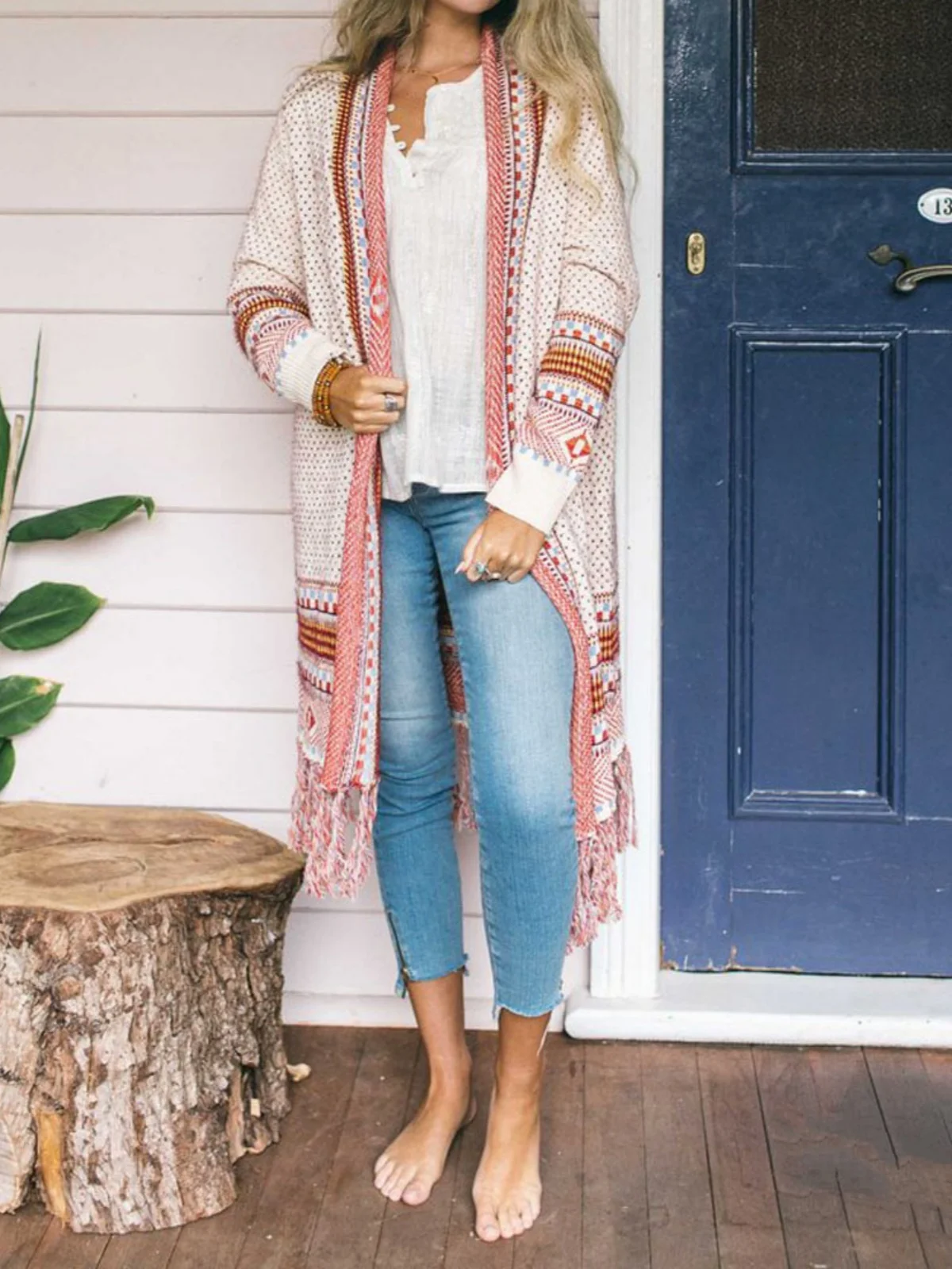 Boho Long Cardigan Women Open Front Maxi Knitted Sweaters Long Sleeve Hem Tassel Fringe Outerwears Folk Style Thin Coat Tops