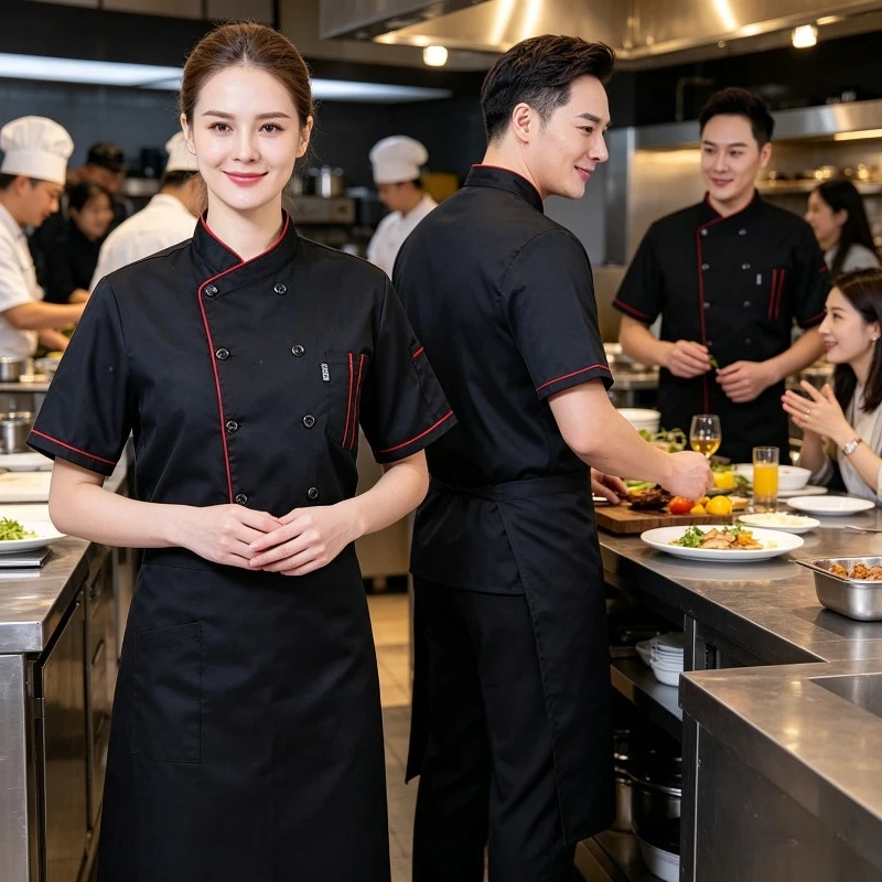 Short Sleeved Chef's Clothing, Catering Hotpot Restaurant Workwear, Hotel Cafeteria Kitchen Workwear, Unisex Durable Workwear