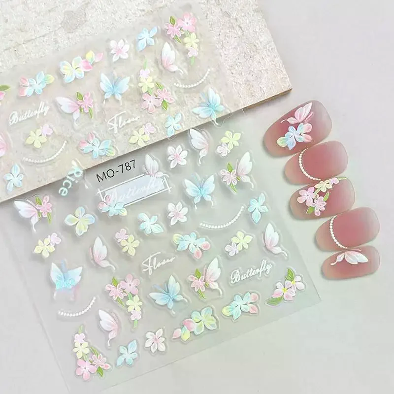 Dopamine Spring Flowers Butterfly Small Flowers  Relief 3D Nail Stickers Decoration Colorful Bow Butterfly Manicure Sliders