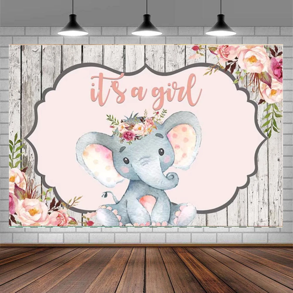 

Elephant Flower Photography Backdrop Pink Girls Newborn Baby Shower Poster Gender Reveal Birthday Party Background Decor Banner