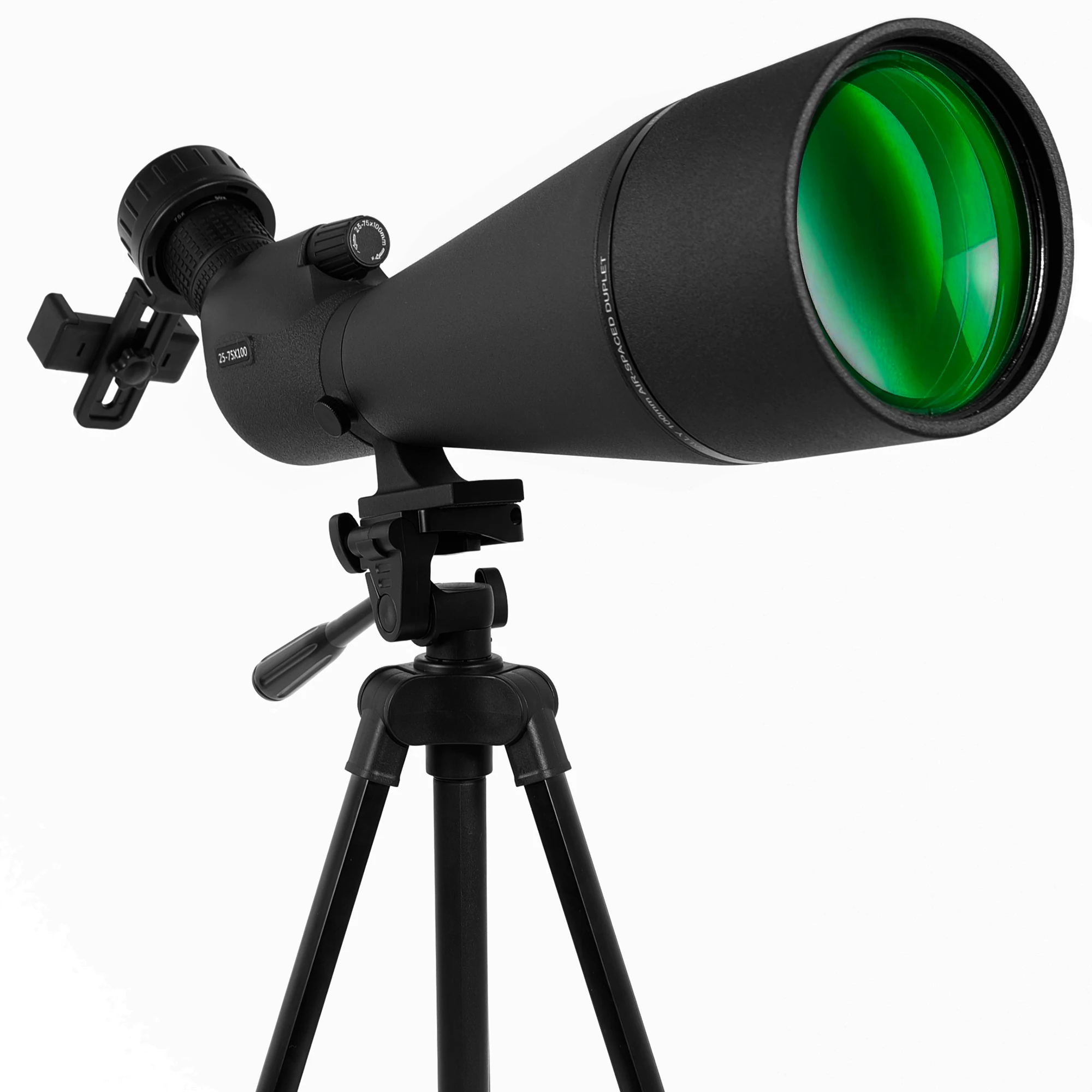 Telescopio Angulado de 25-75×100 mm con Trípode y Adaptador para Teléfono, Largo Alcance, Óptica HD FMC, para Observación de Aves y Tiro al Blanco