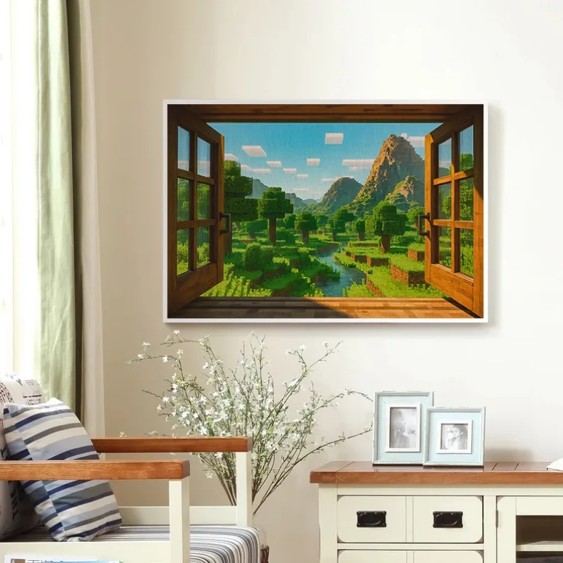 1 pièce Tableau sur toile sans cadre, Affiche de jeu vidéo Steve Anime Pixel World Sandbox, Vue sur fenêtre, Art mural