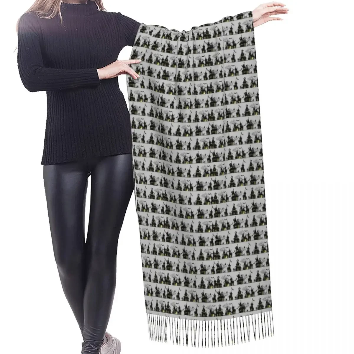 Halloween Haunted Mansion House Scarf Wrap Women Long Winter Fall Warm Tassel Shawl Unisex Ghost Fashion Versatile Scarves