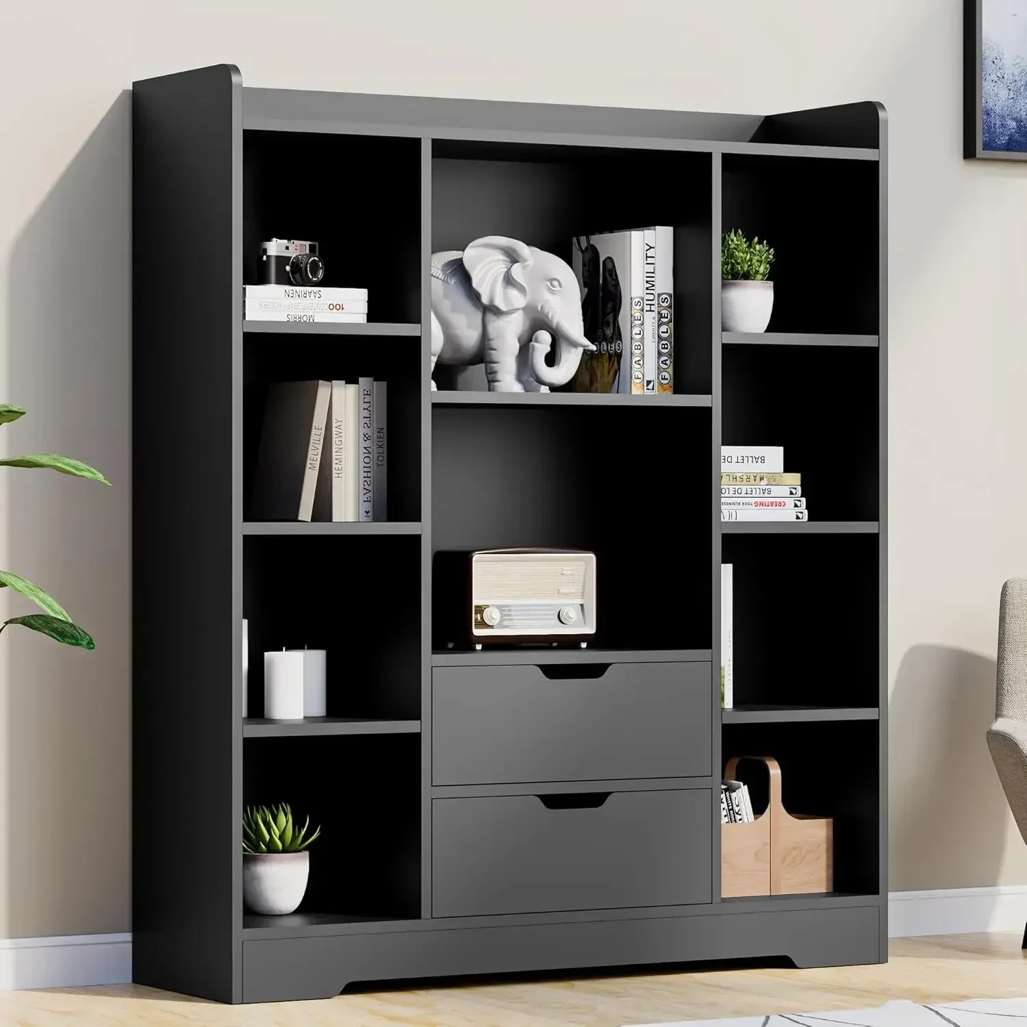 Black Bookshelf, 4-Tier Open Shelf Bookcase , Wood Cube Storage Organizer Shelf for Bedroom, Living Room, 39.4